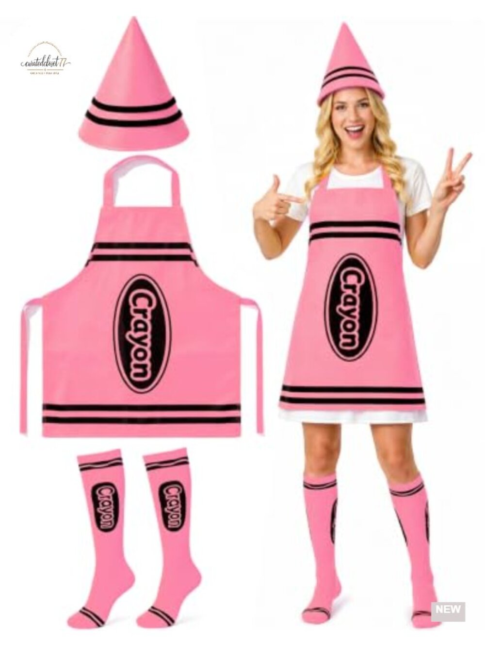 MUKOSEL Adult Crayon Costume 3-Piece Set Apron Cone Hat Socks